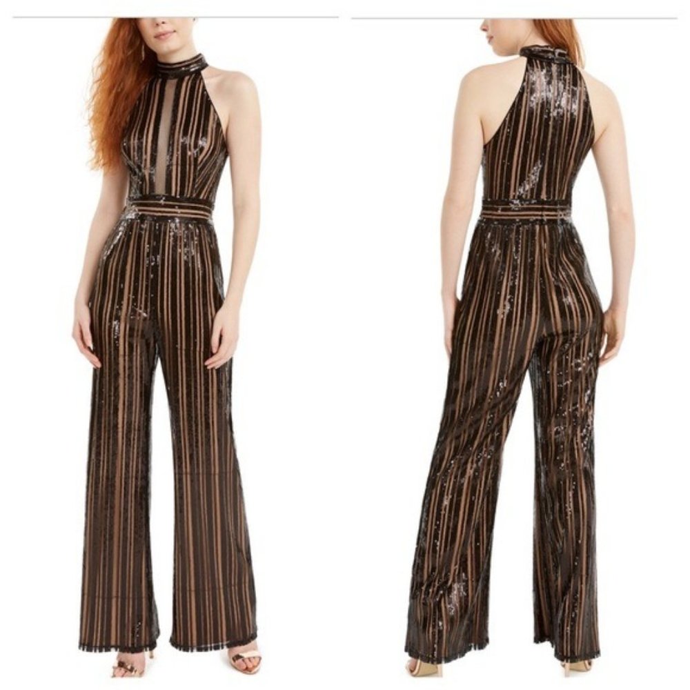 Black Sequined Halter Jumpsuit - Tadashi Shoji